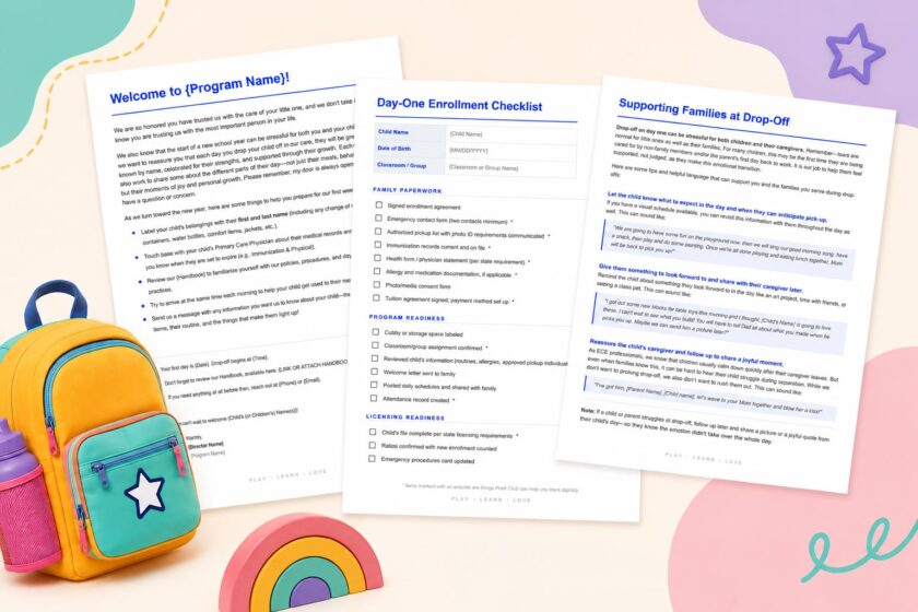 Three free, printable resources for early learning center directors: a parent welcome letter, a day-one enrollment checklist, and a drop-off support guide — part of the PreK.Club Back-to-School Toolkit.